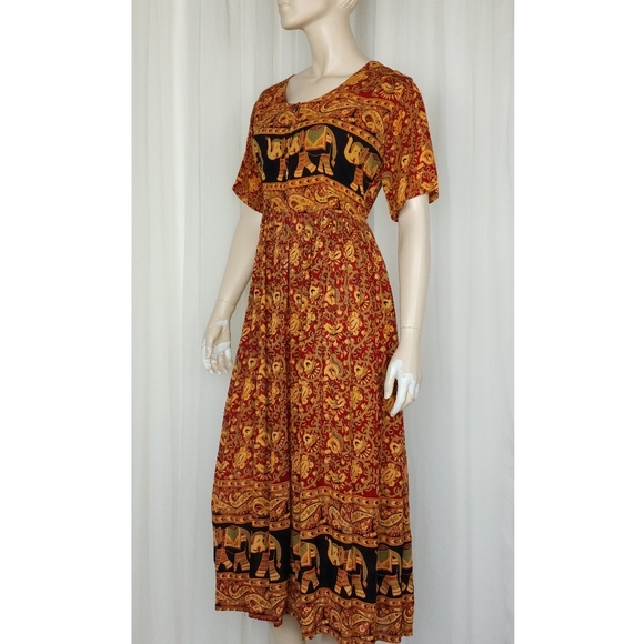 Vintage 90s hippie boho grunge crinkle india elephant dress S-L - Picture 3 of 7
